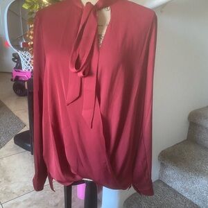 BCBGeneration Satin Tie-Neck Blouse in Deep Wine